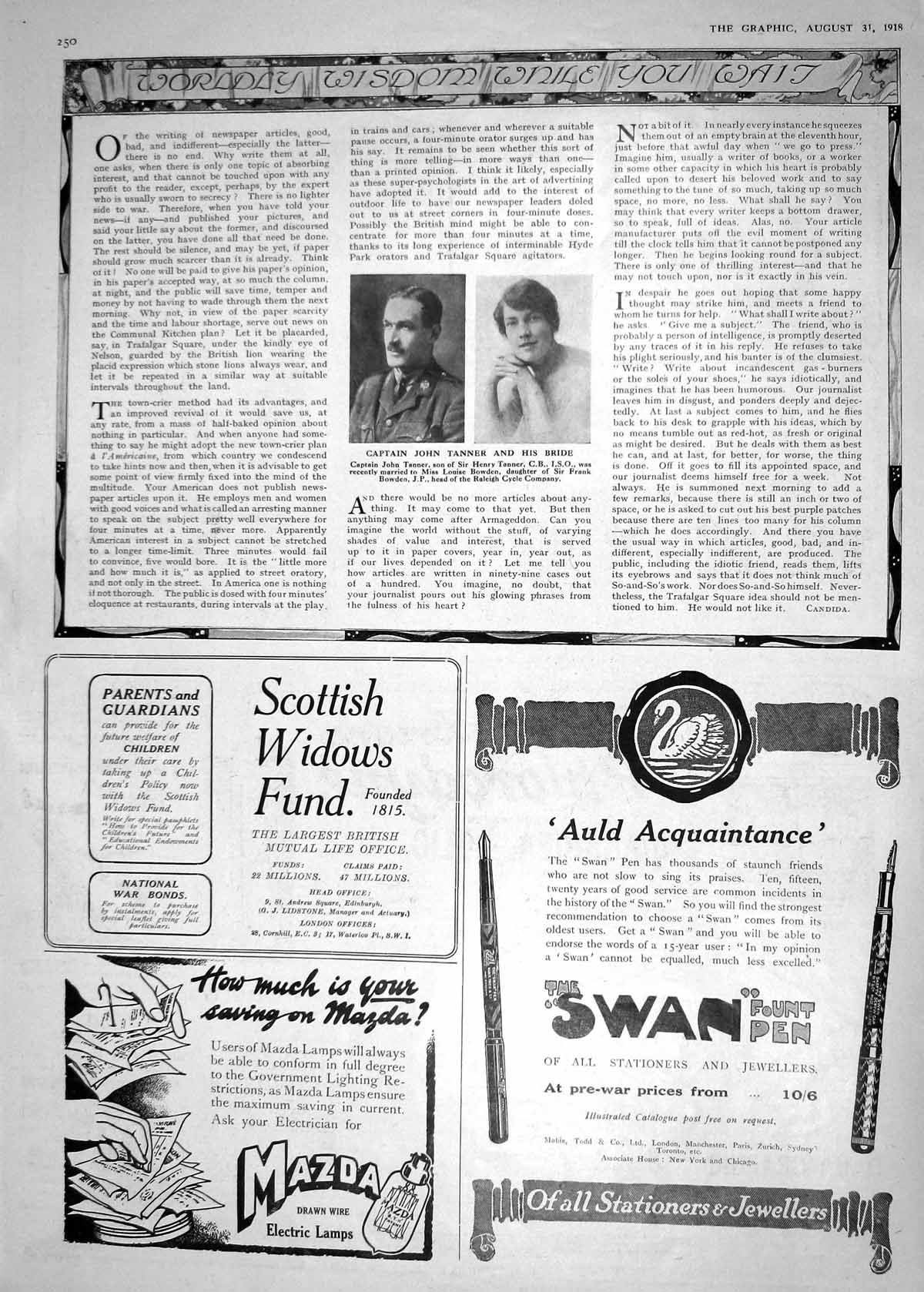 Antique Old Print 1918 Captain John Tanner Bowden Marriage Swan Pen Dri-Ped