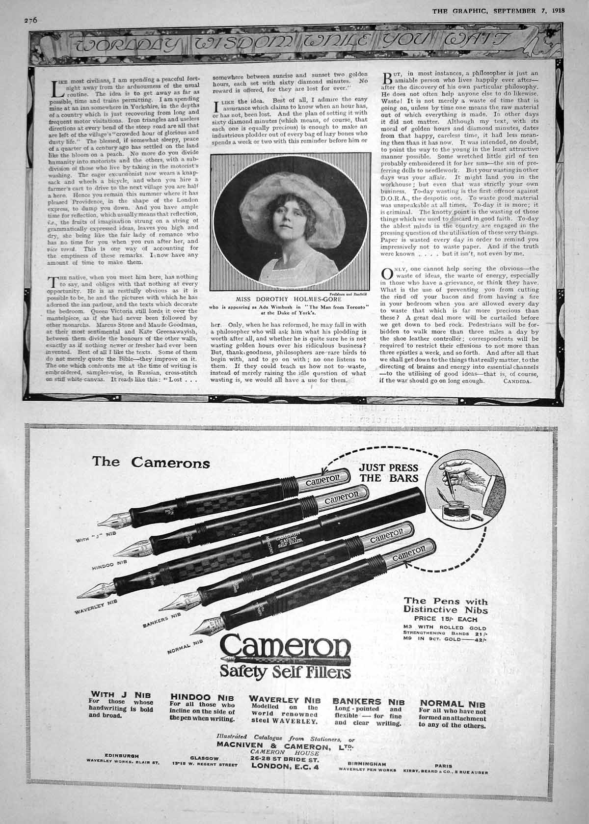 Old 1918 Dorothy Holmes-Gore Wimbush Theatre Cameron Fountain Pens Wa 20th