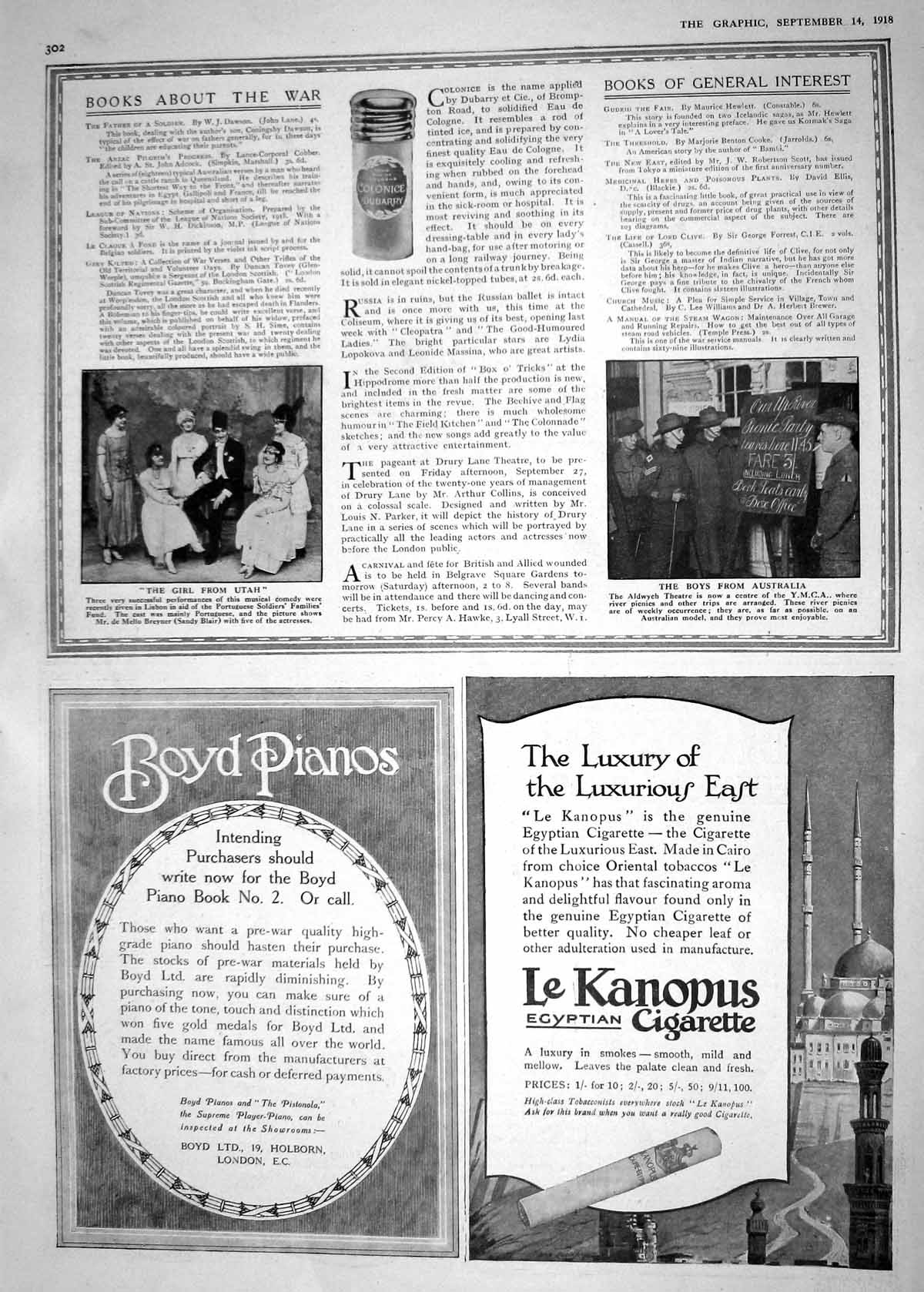 Old Print 1918 Aldwych Theatre Y.M.C.A. Girl Utah Blair Cigarette Pianos 20th
