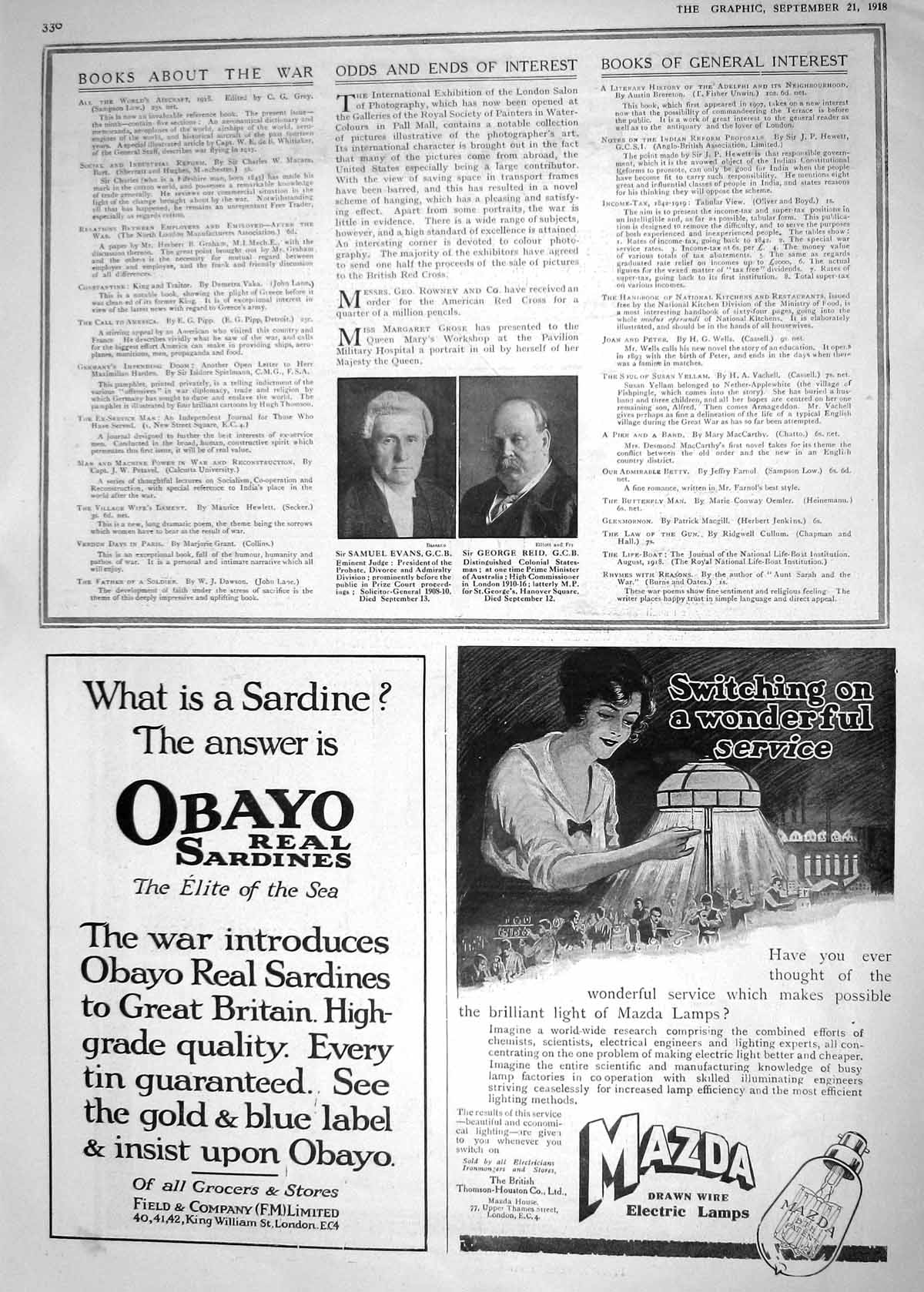 Antique Print 1918 Evans Judge Reid Statesman Mazda Obayo Sardines Harrods 20th