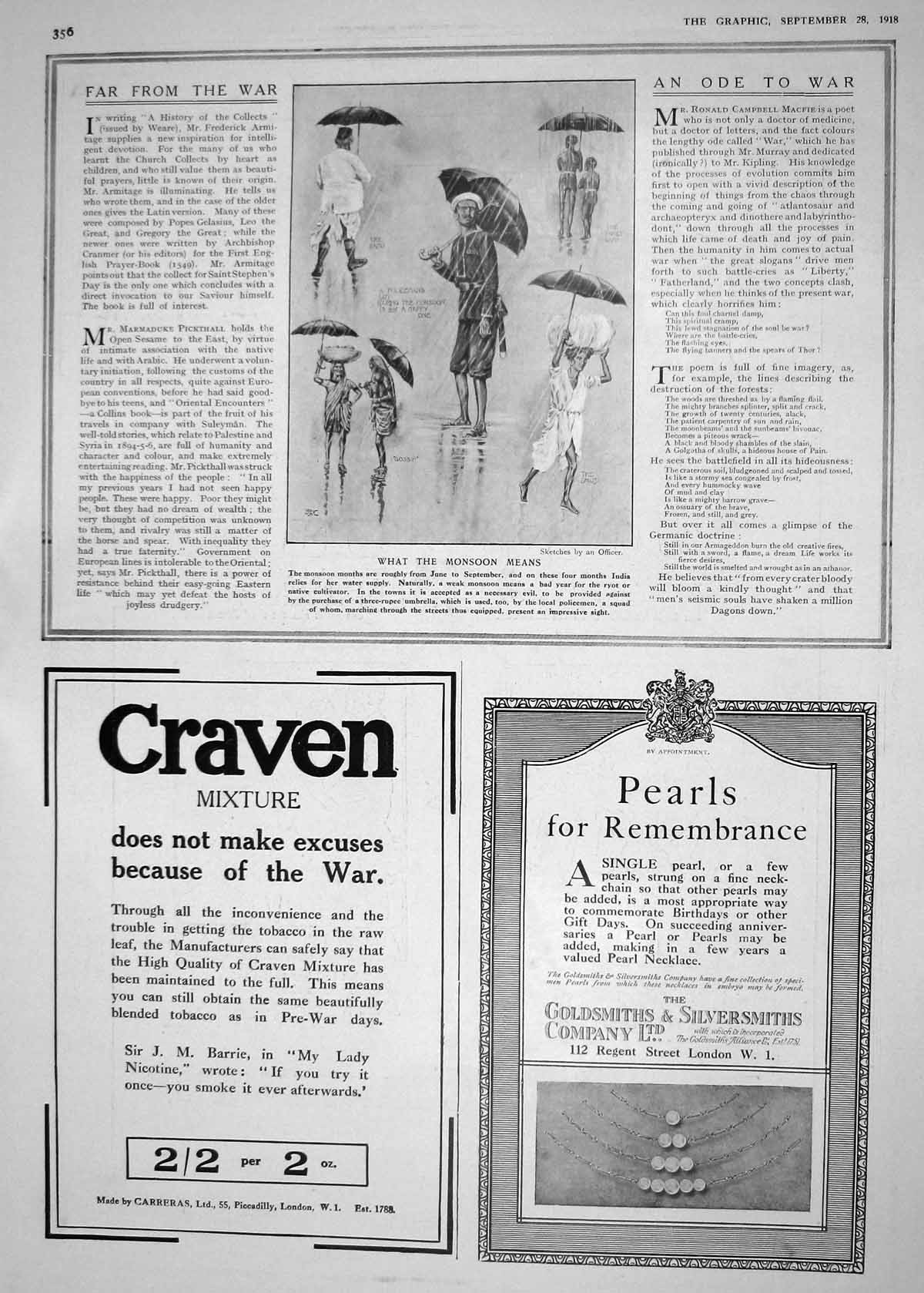 Antique Print 1918 Monsoon Rain India Craven Tobacco Gsmiths Silversmiths 20th