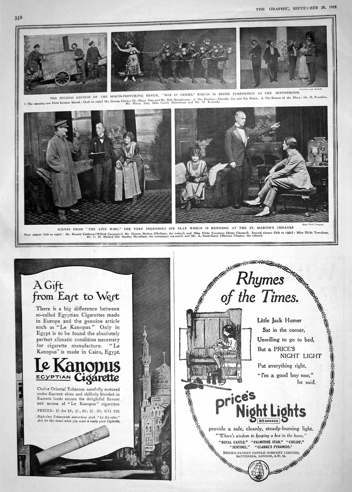 Old Print 1918 Theatre Clarke Tate Hippodrome Carpenter Cigarette Dri-Ped 20th