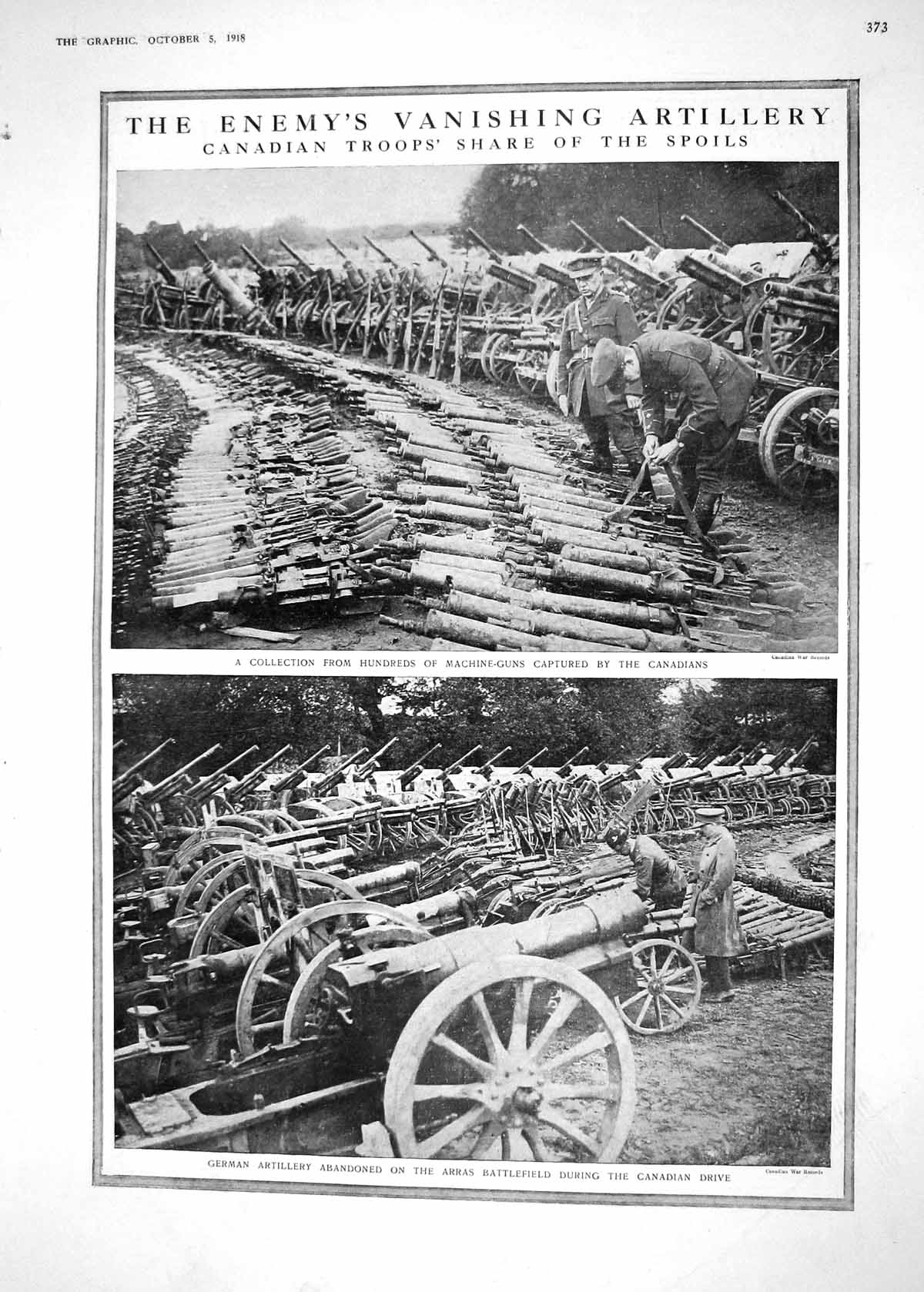 Old Print 1918 War Machine Guns Canadian Siers German Artillery Arras Ba 20th