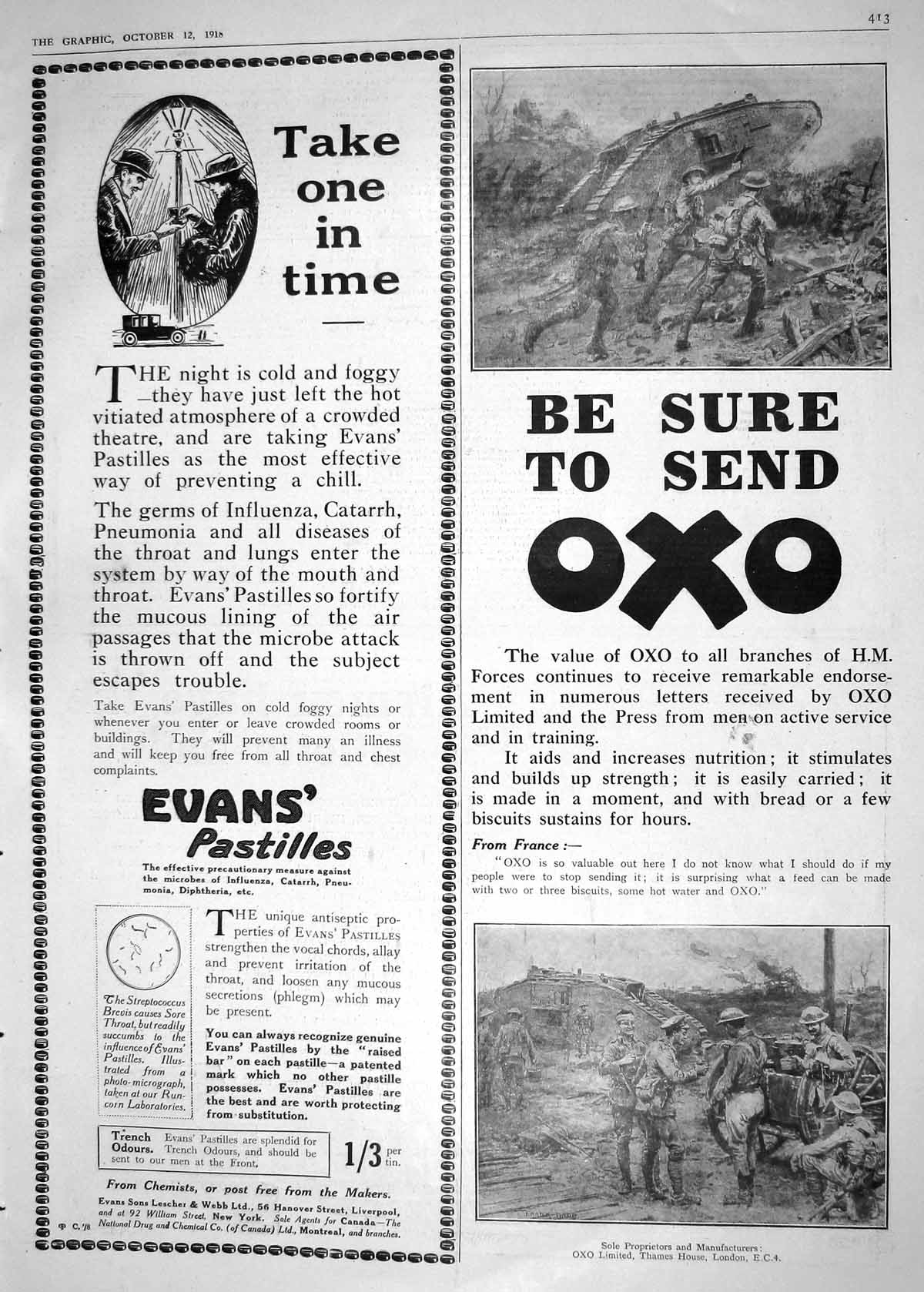 Old Print 1918 Advertisement Evans Pastilles Catarrh Oxo War Siers Franc 20th