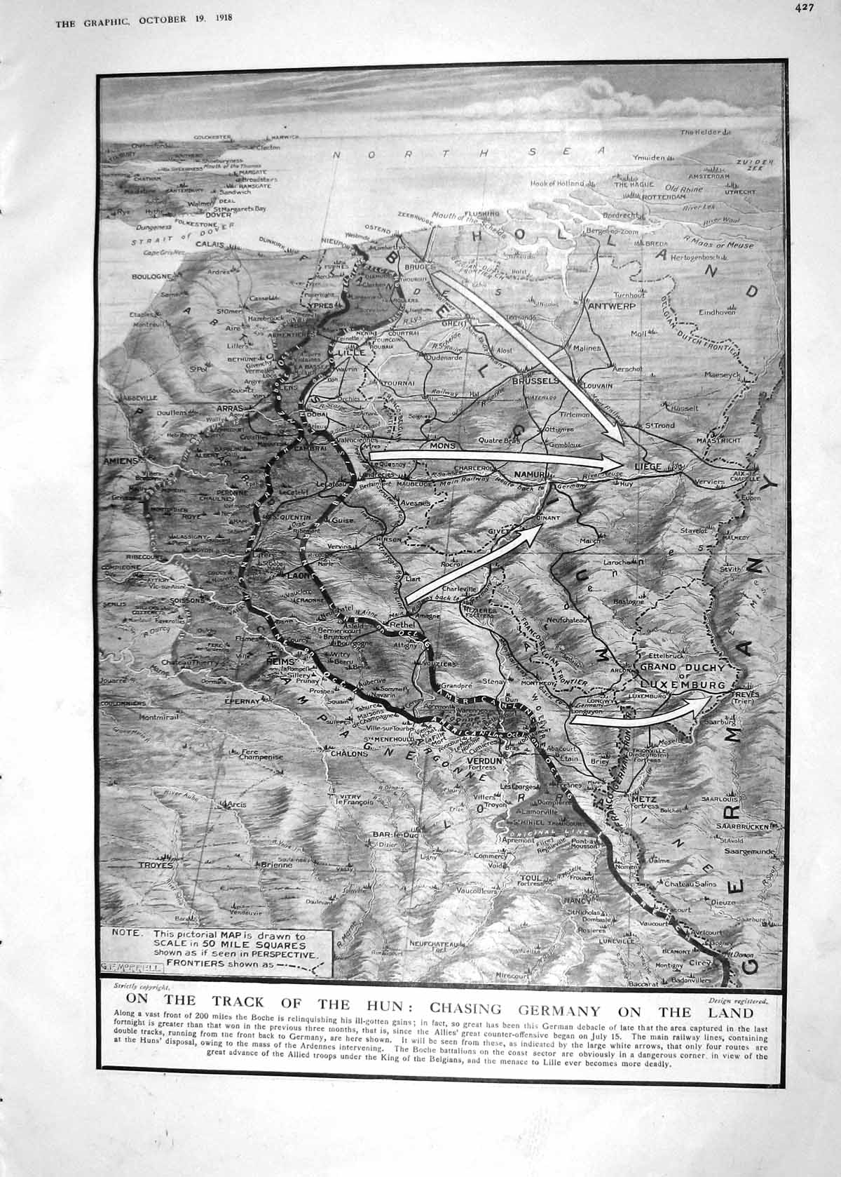 Old Print 1918 War Map Germany Verdun Lille Arra France General Alexeieff 20th