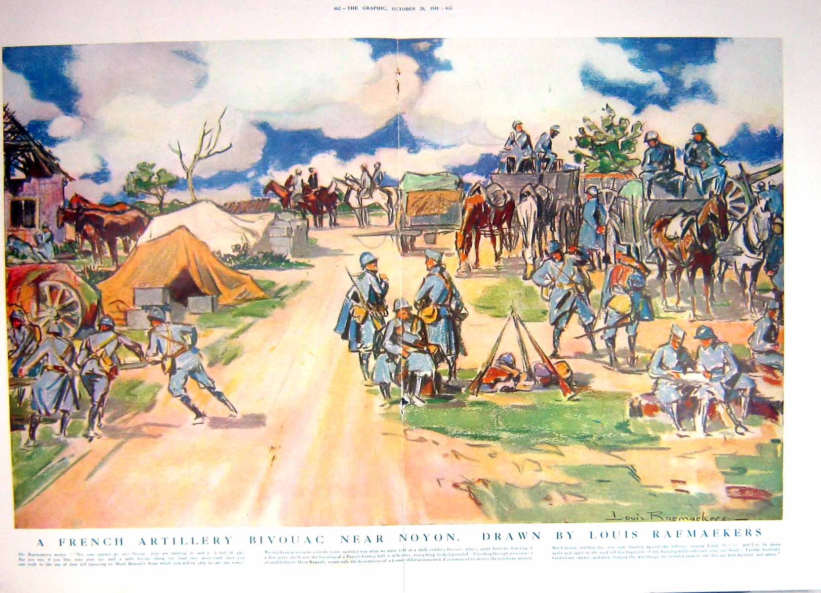 Antique Old Print 1918 French Artillery War Bivouac Noyon Siers Raemaekers