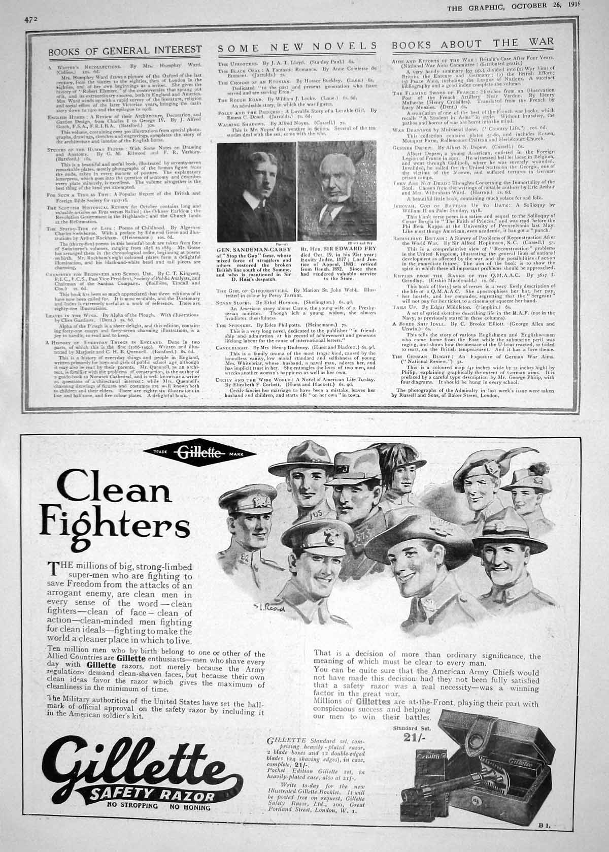 Old Print 1918 Sandeman-Carey Sir Edward Fry Lord Justice Gillette Razor 20th