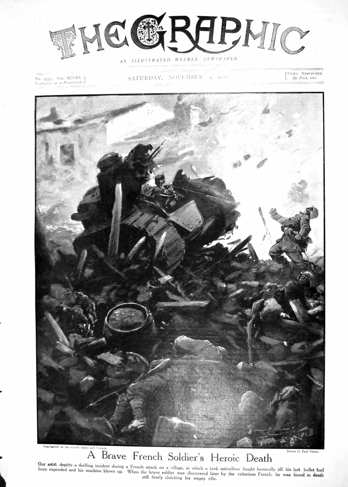 Antique Print 1918 French Siers Battle War Heroic Death Tank Boche Children