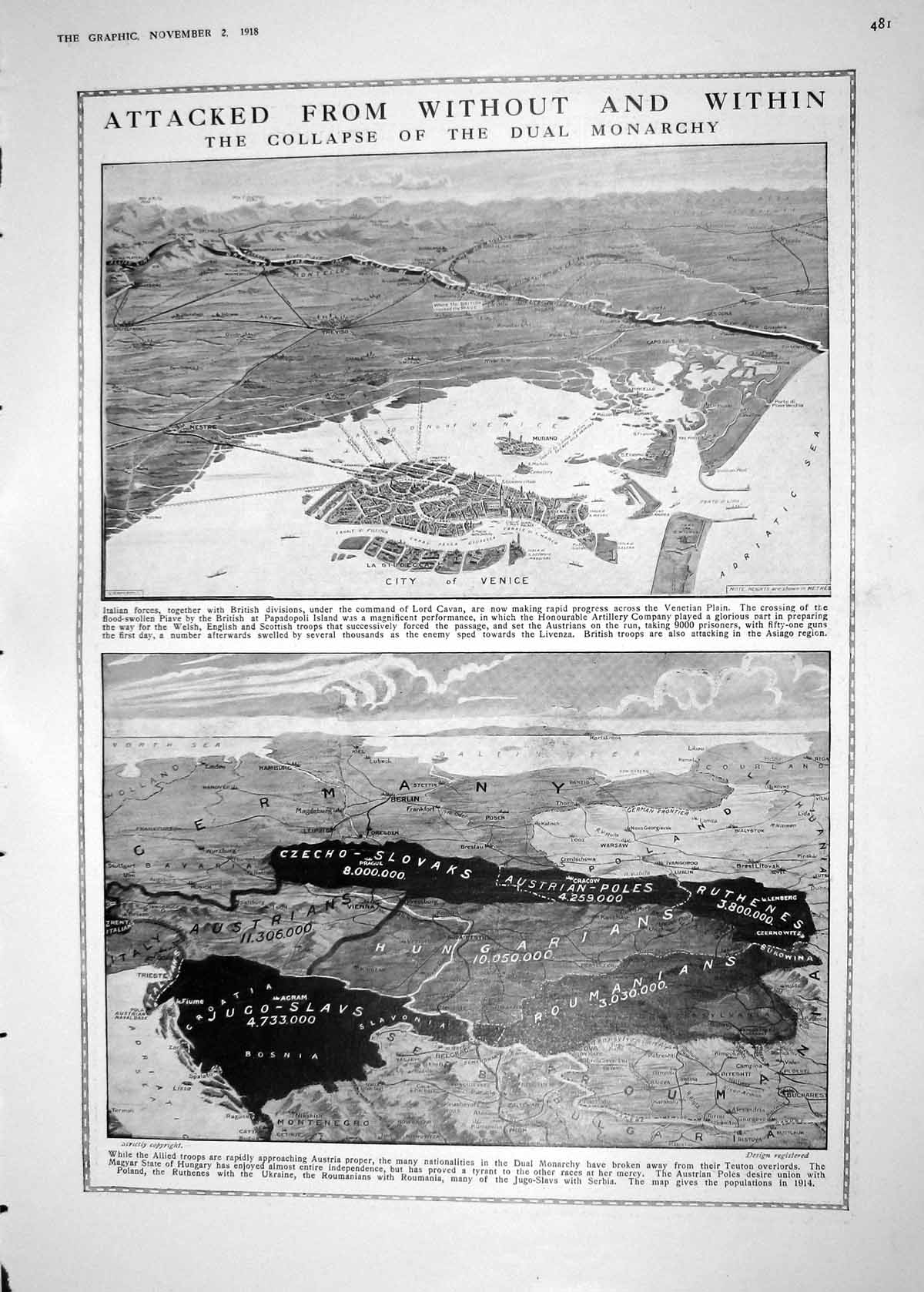 Old 1918 View Map Italy City Venice War Monarchy Bruges Canal Archite 20th