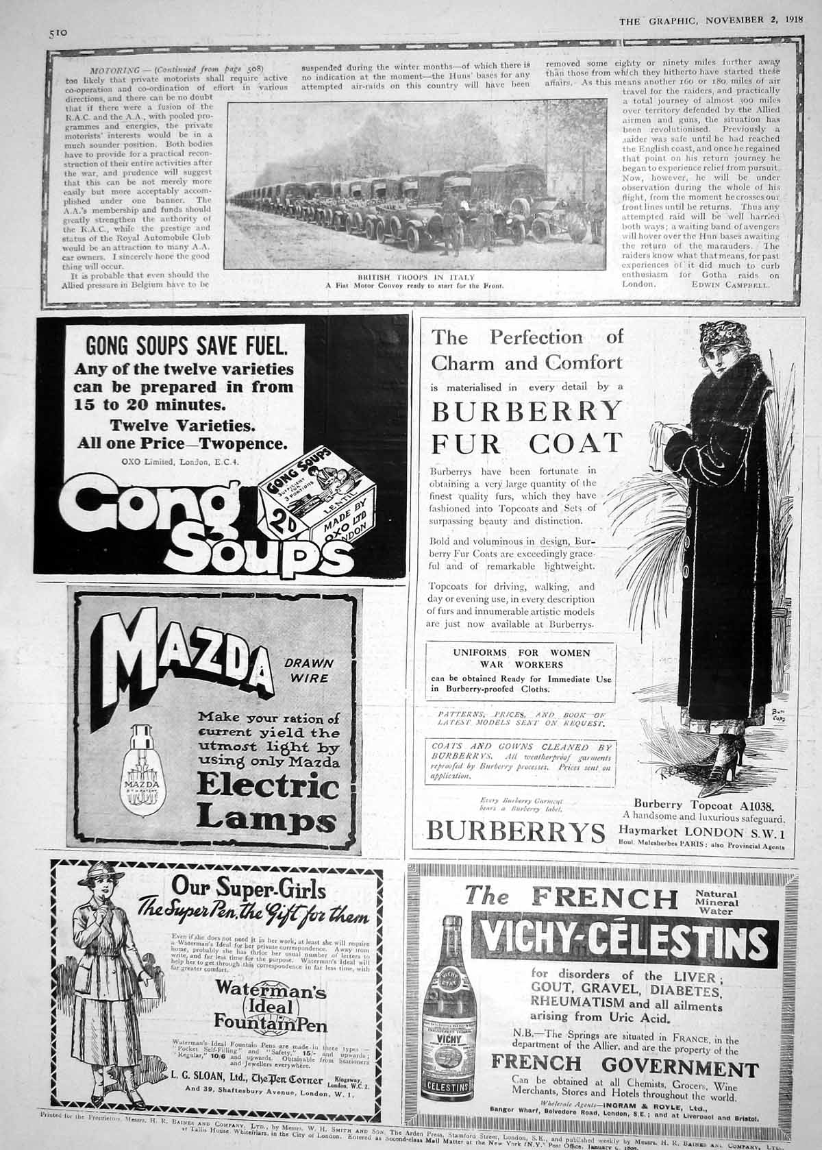 Old Print 1918 War British Siers Italy Fiat Motor Convoy Burberry Coat M 20th