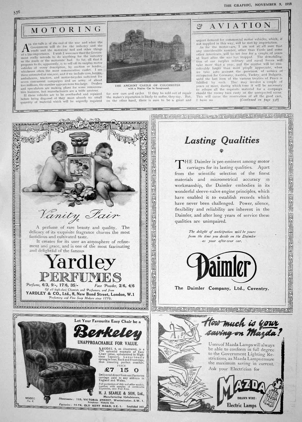 Old 1918 Castle Colchester Napier Motor Car Daimler Yardley Perfume M 20th