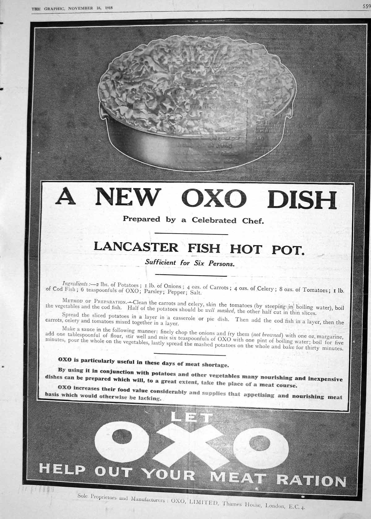 Antique Old Print 1918 Oxo Limited Lancaster Fish Hot Pot Thames House London