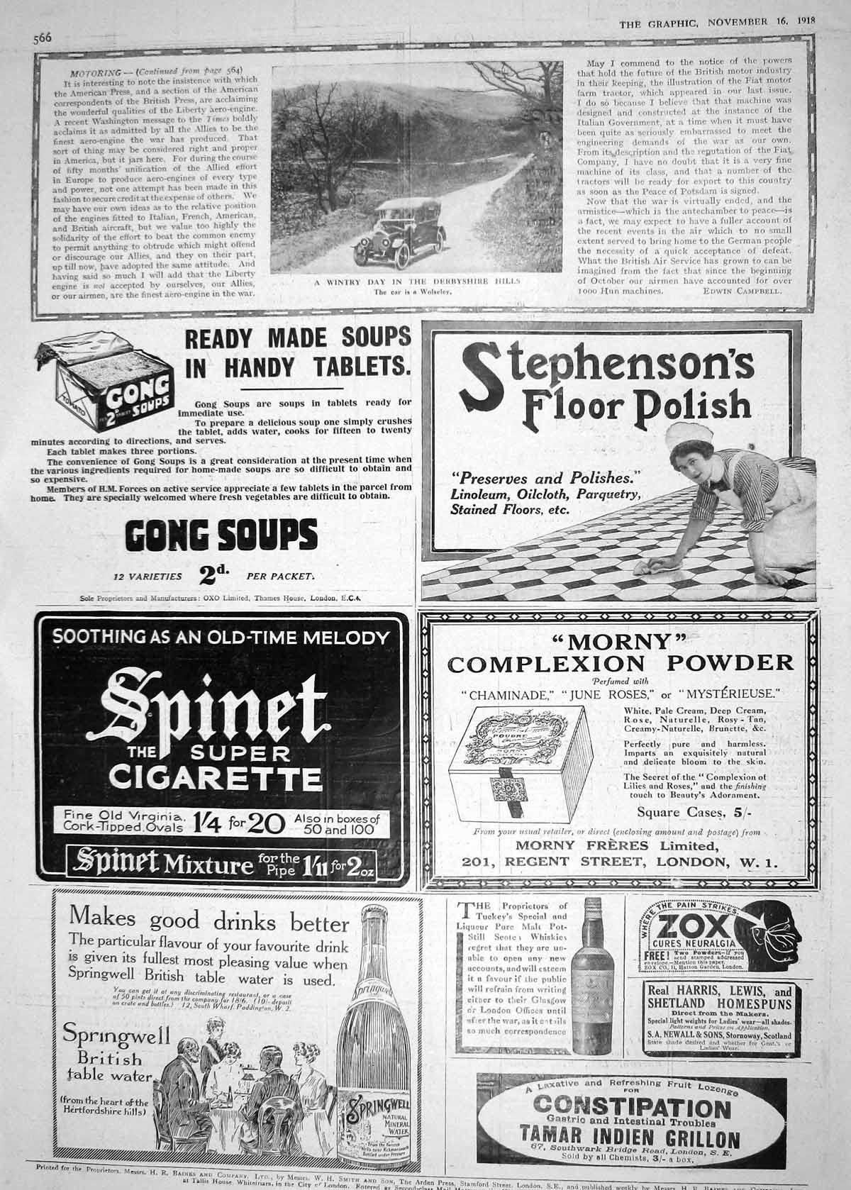 Old Print 1918 Wolseley Motor Carderbyshire Hills Cigarettes Table Water 20th