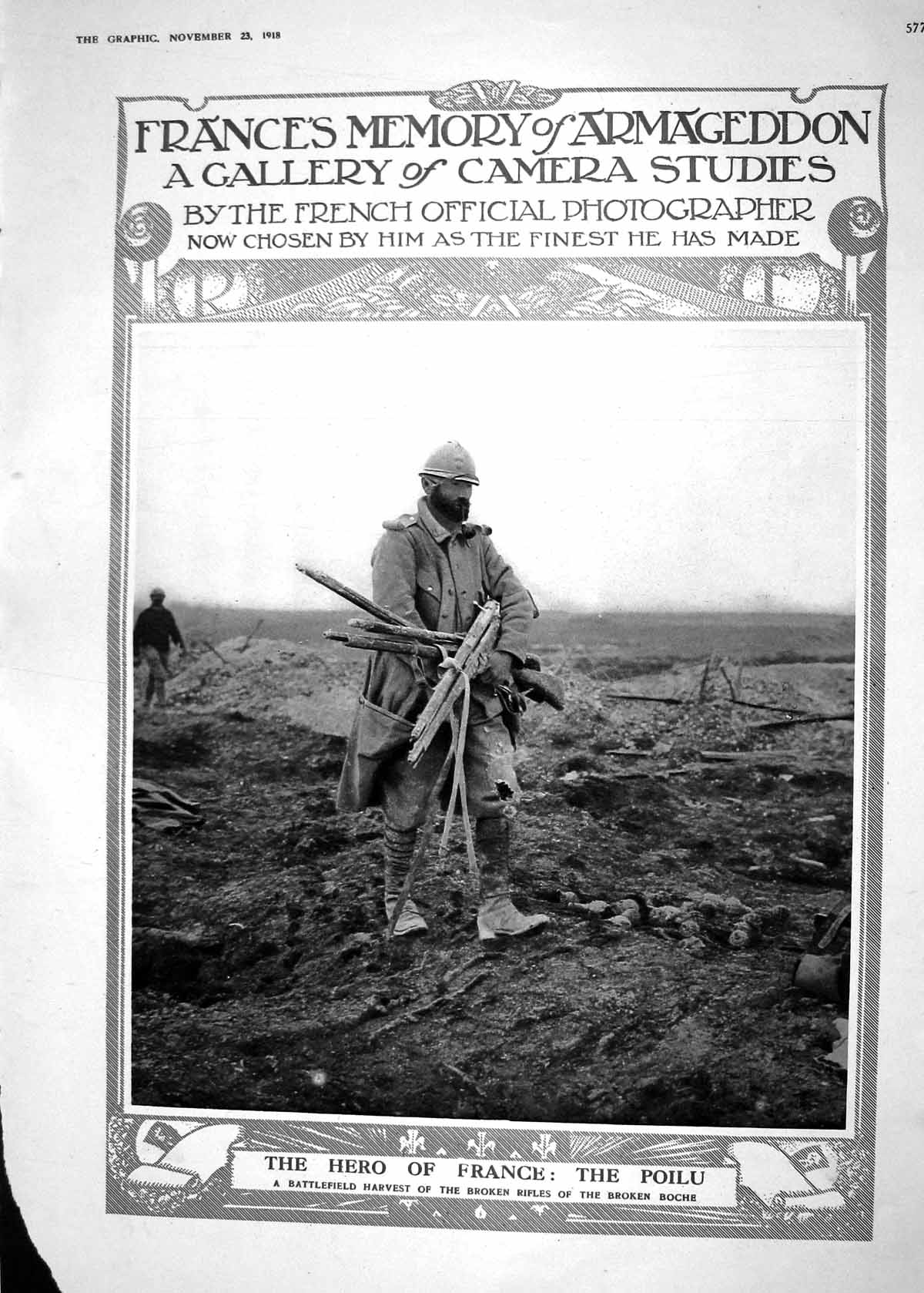 Old Print 1918 Battlefield War Broken Rifles Boche Poilu Farmhouse Siers 20th
