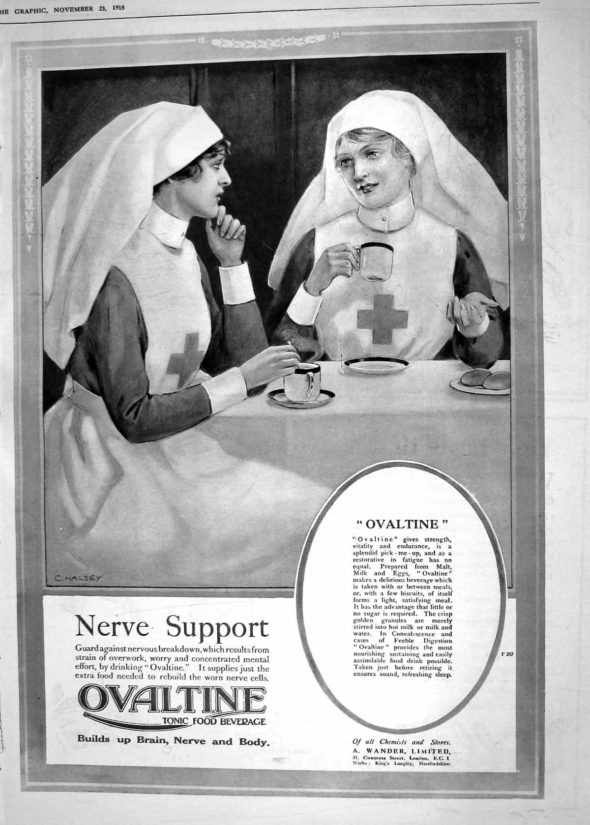 Antique Old Print 1918 Ovaltine Tonic Food Beverage War Nurses Wander Limited