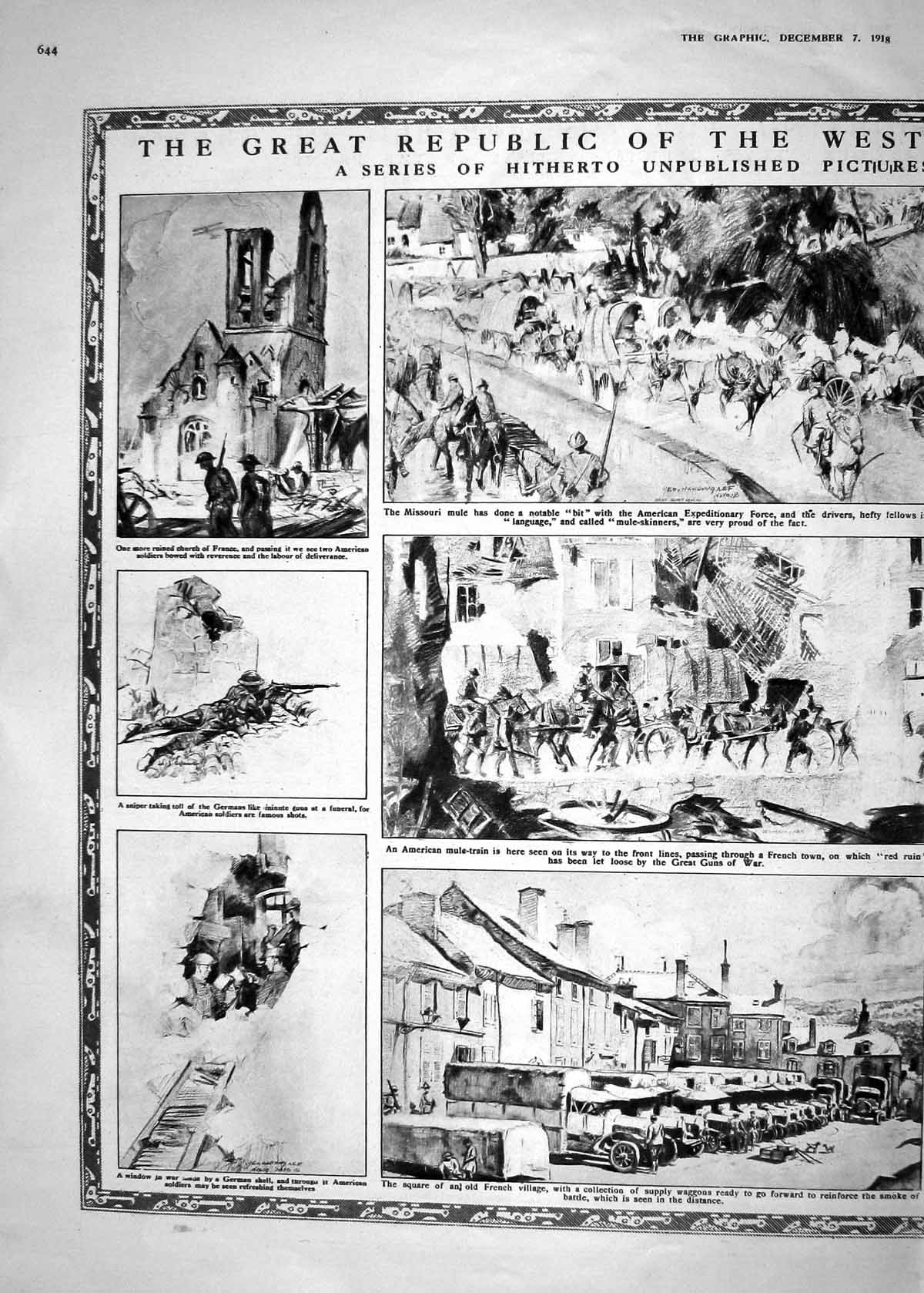 Old Print 1918 War Hitherto France Church American Siers Chateau Thierry 20th