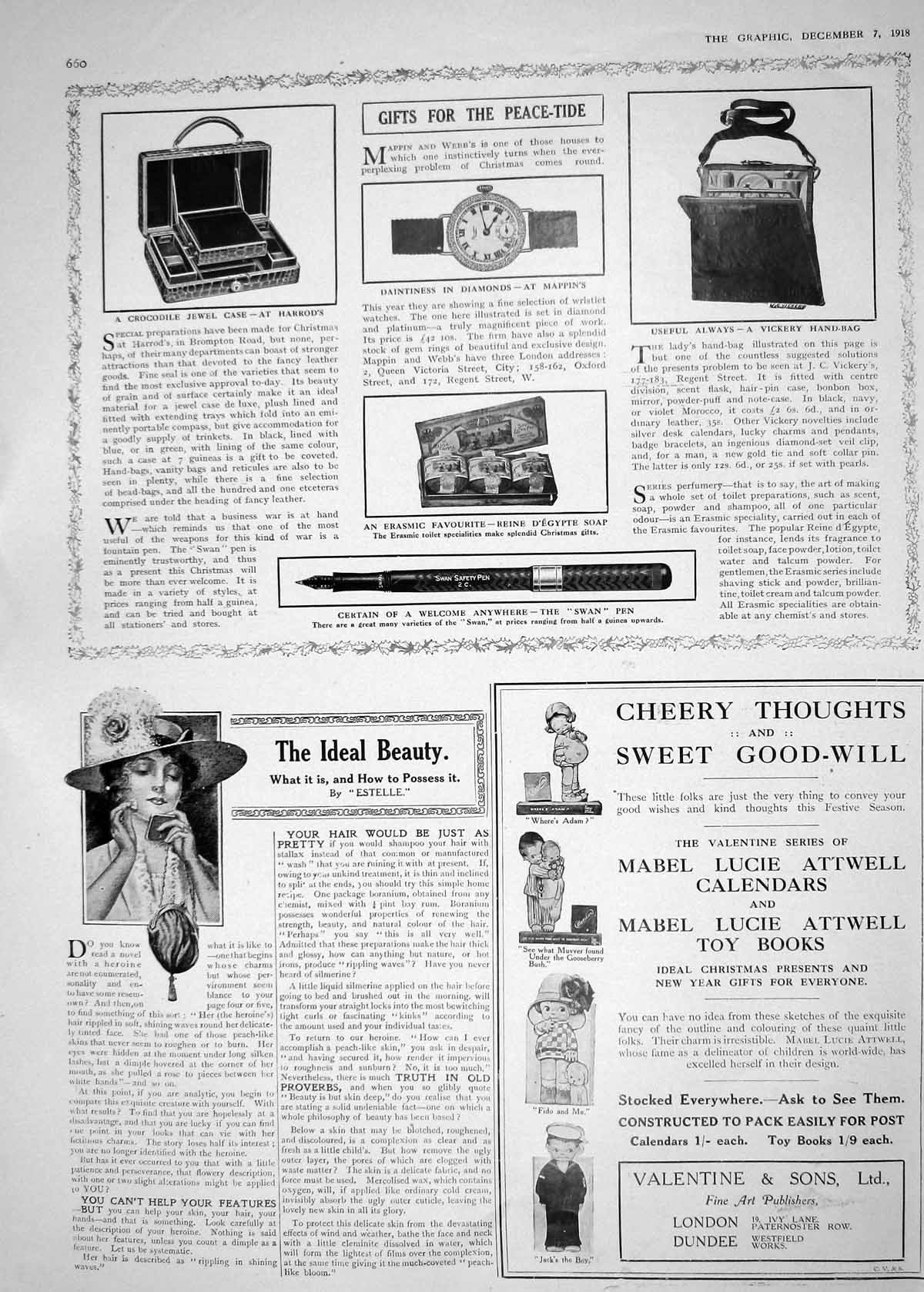 Old 1918 Harrods Crocodile Jewel Case Reine Soap Vickery Handbag Swan 20th