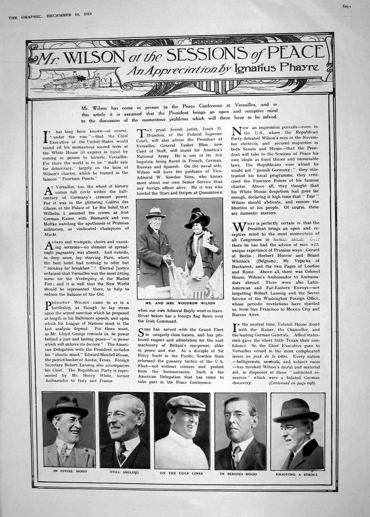 Antique Old Print 1918 Mr Woodrow Wilson Versailles Munition Workers Industry