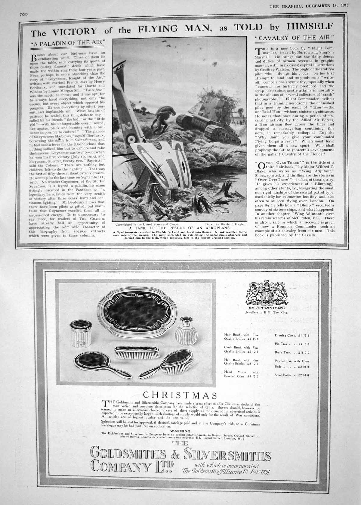 Antique Old Print 1918 War Tank Aeroplane No Mans Land Gsmiths Silversmiths