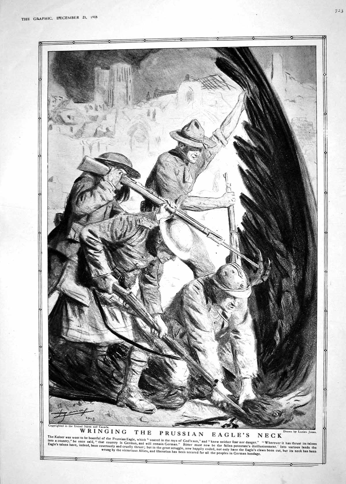 Antique Print 1918 War Scene Wringing Prussian Eagle'S Neck Siers Weapons 20th