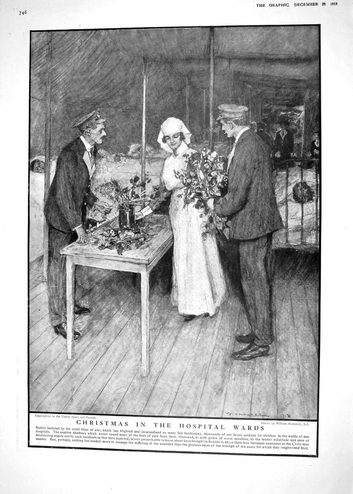 Old Print 1918 Christmas Hospital Wards Nurse War Siers Queen Norway Bir 20th