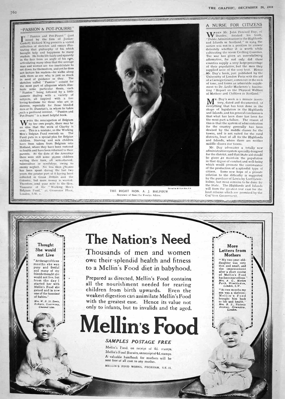 Old 1918 Balfour Secretary State Foreign Affairs Mellin'S Food Babies 20th