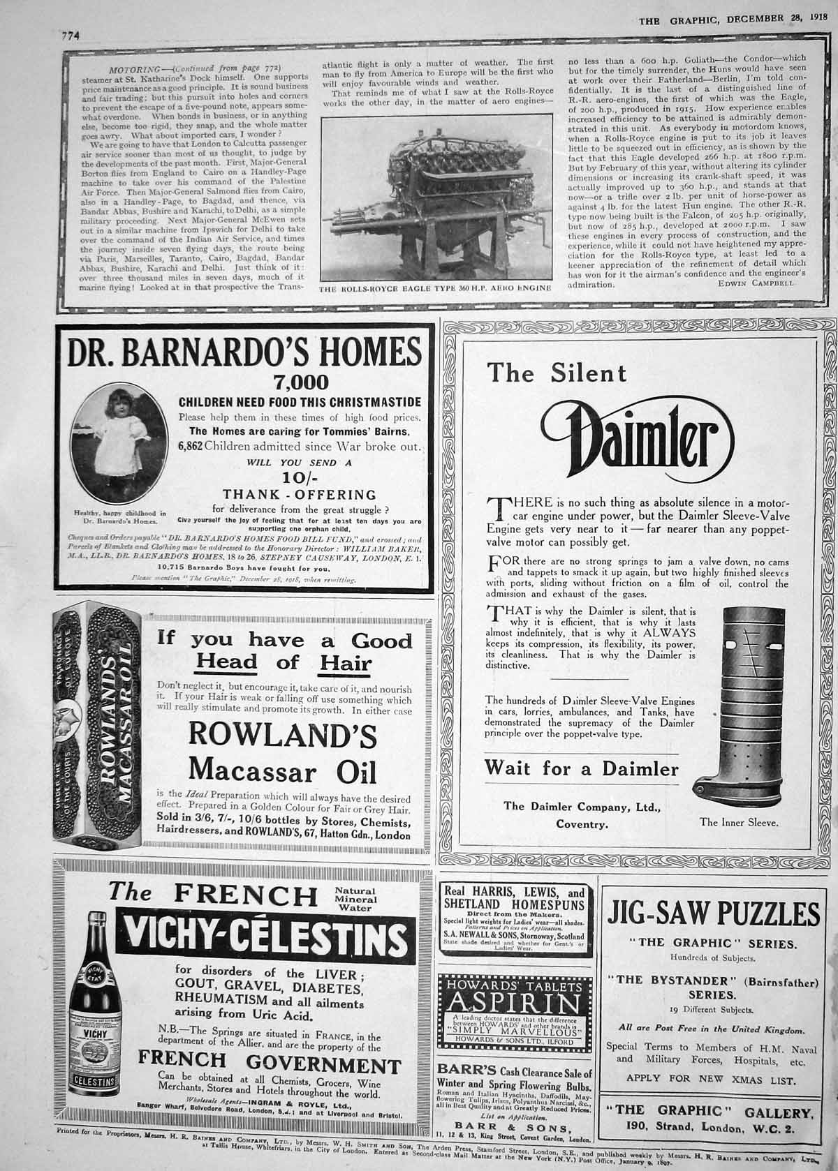Old 1918 Rolls Royce Eagle Type Aero Engine Barnardo'S Homes Daimler 20th