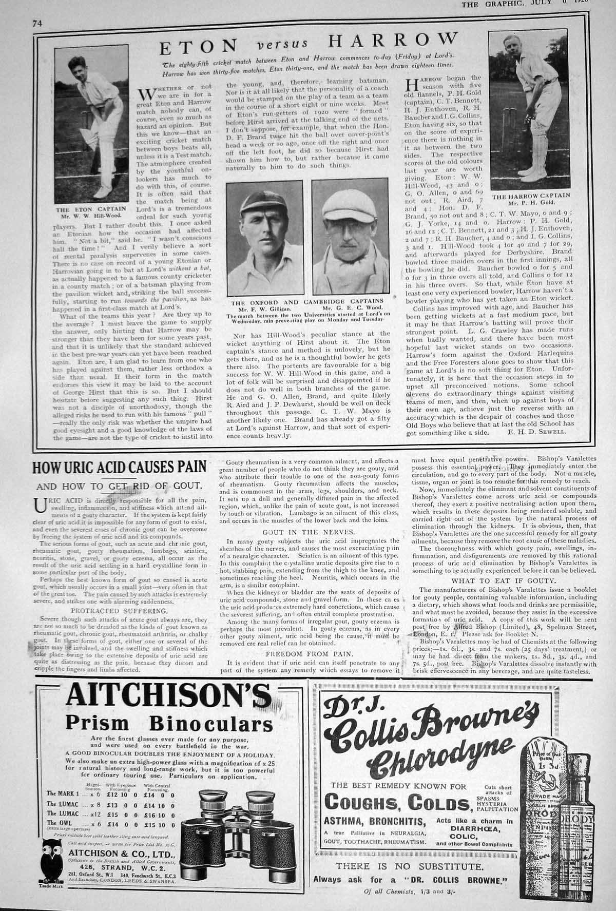 Old 1920 Eton Harrow Cricket Gould Wood Gillingan Hill-Wood Sanatogen 20th