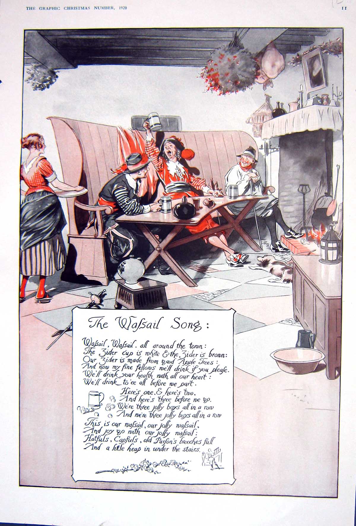 Antique Old Print 1920 Walsail Song Colour Christmas Goose Snow Motor Car 20th