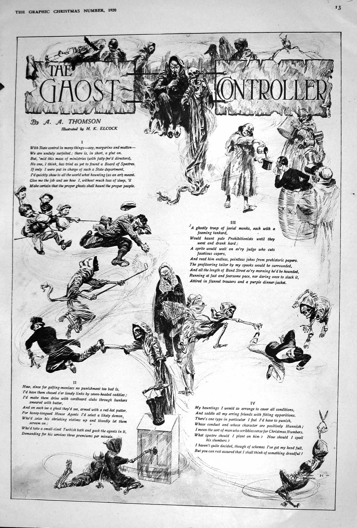 Antique Old Print 1920 Story Illustration Ghost Controller Thomson Elcock 20th