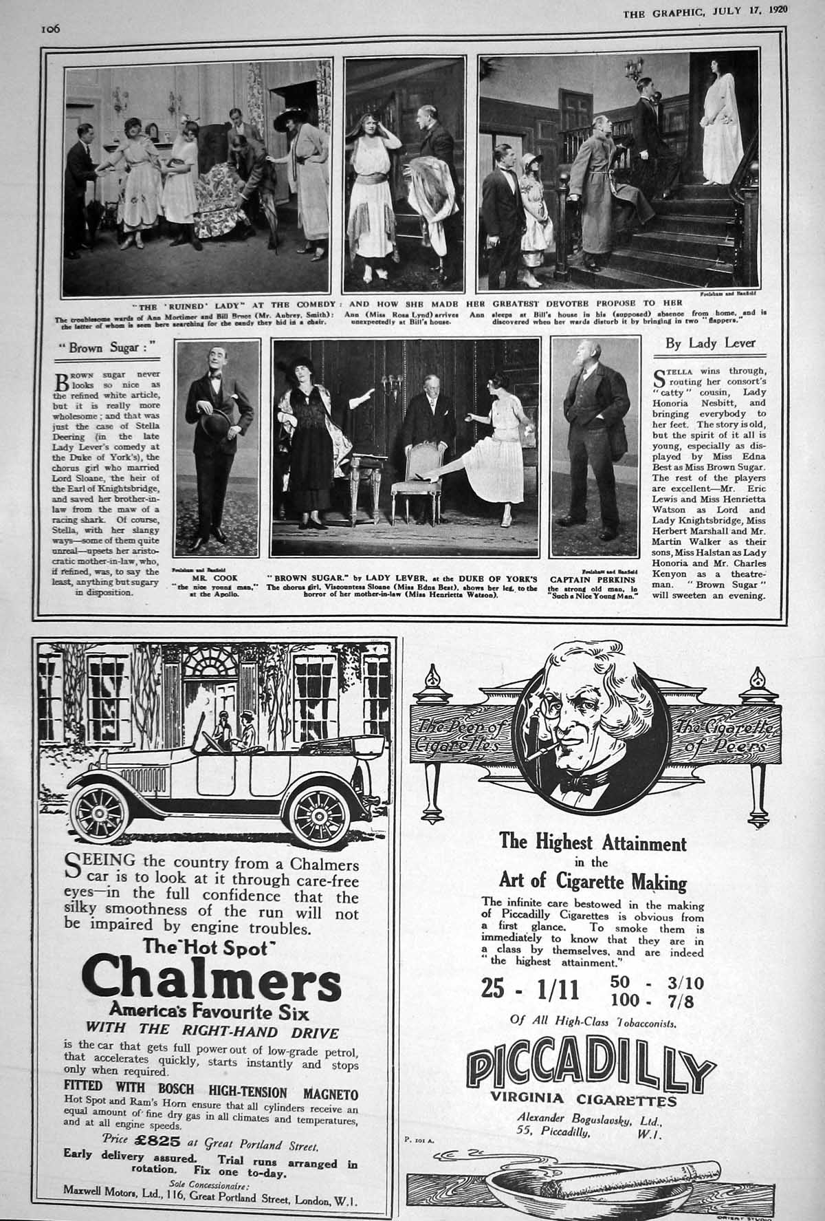Old 1920 Comedy Theatre Perkins Piccadilly Chalmers Motor Car Cigaret 20th