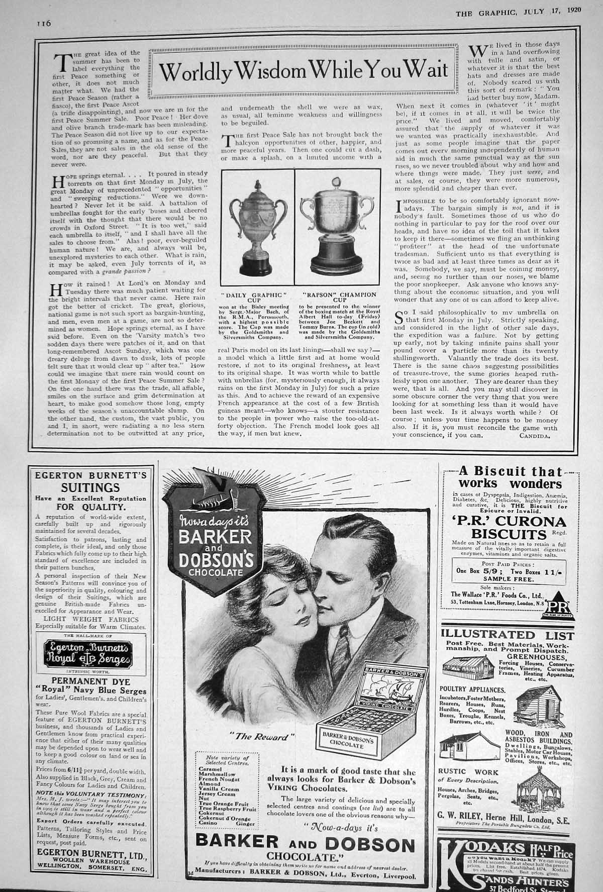 Old 1920 Daily Graphic Cup Rapson Barker Dobson Kodak Cigarettes Saxo 20th