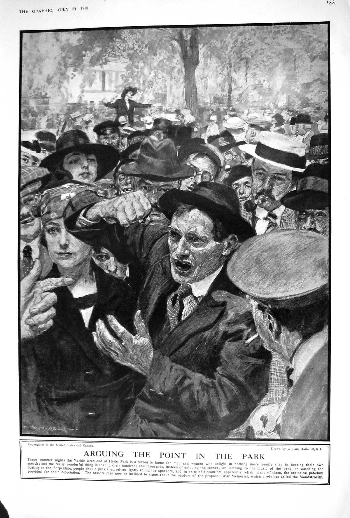 Original Old Vintage Print 1920 Marble Arch Hyde Park Men Speeches War Memorial