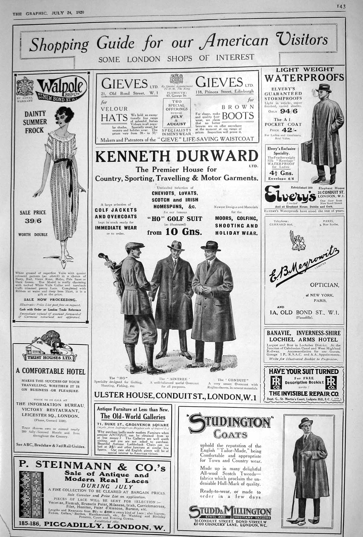 Old Print 1920 Kenneth Durward Walpole Gieves Steinmann Millington Studd 20th