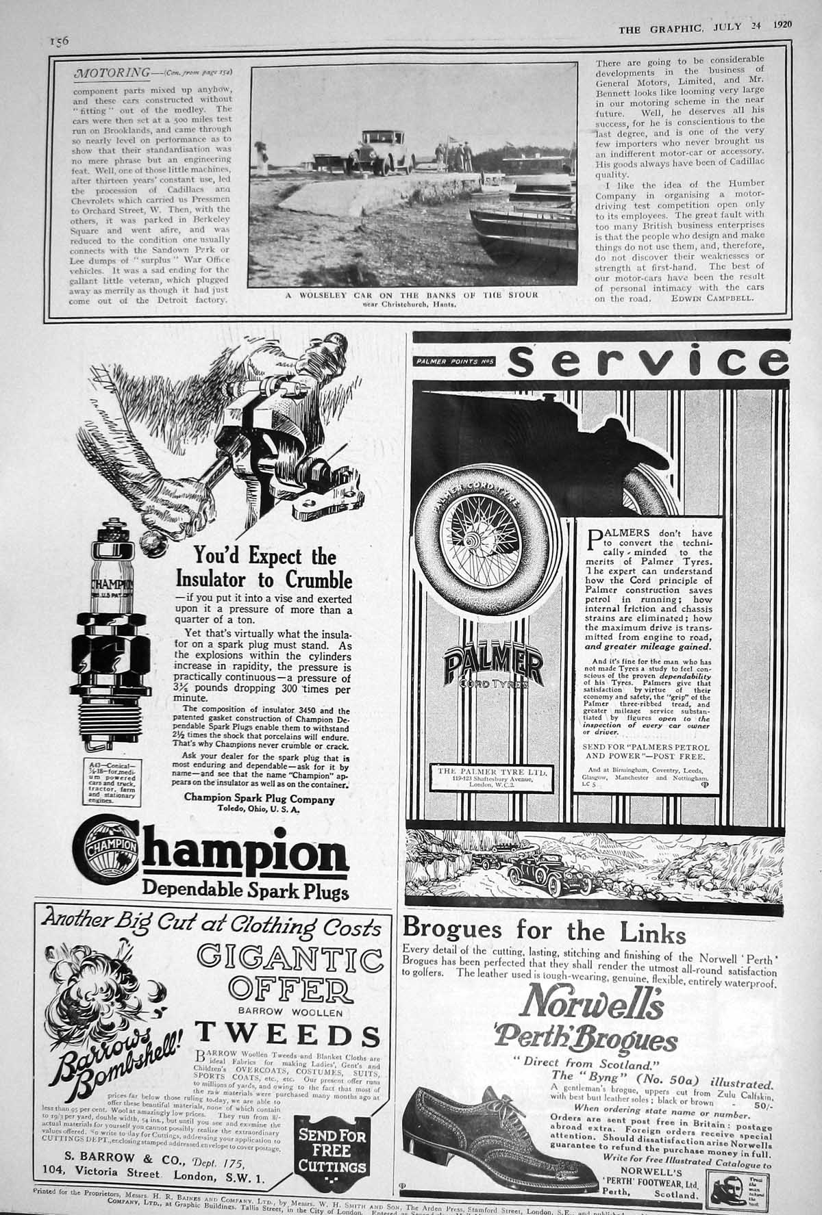 Old 1920 Wolseley Motor Car Stour Brogues Champion Spark Plug Micheli 20th