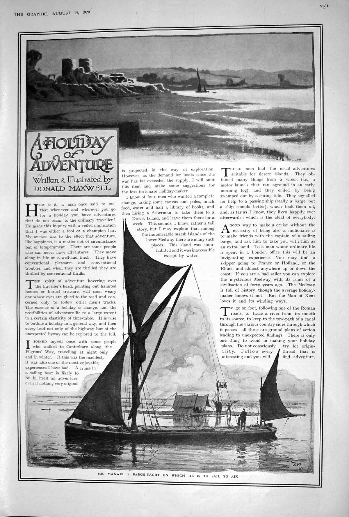 Old Vintage Print 1920 Holiday Adventure Maxwell Barge-Yacht Sailing Aix 20th