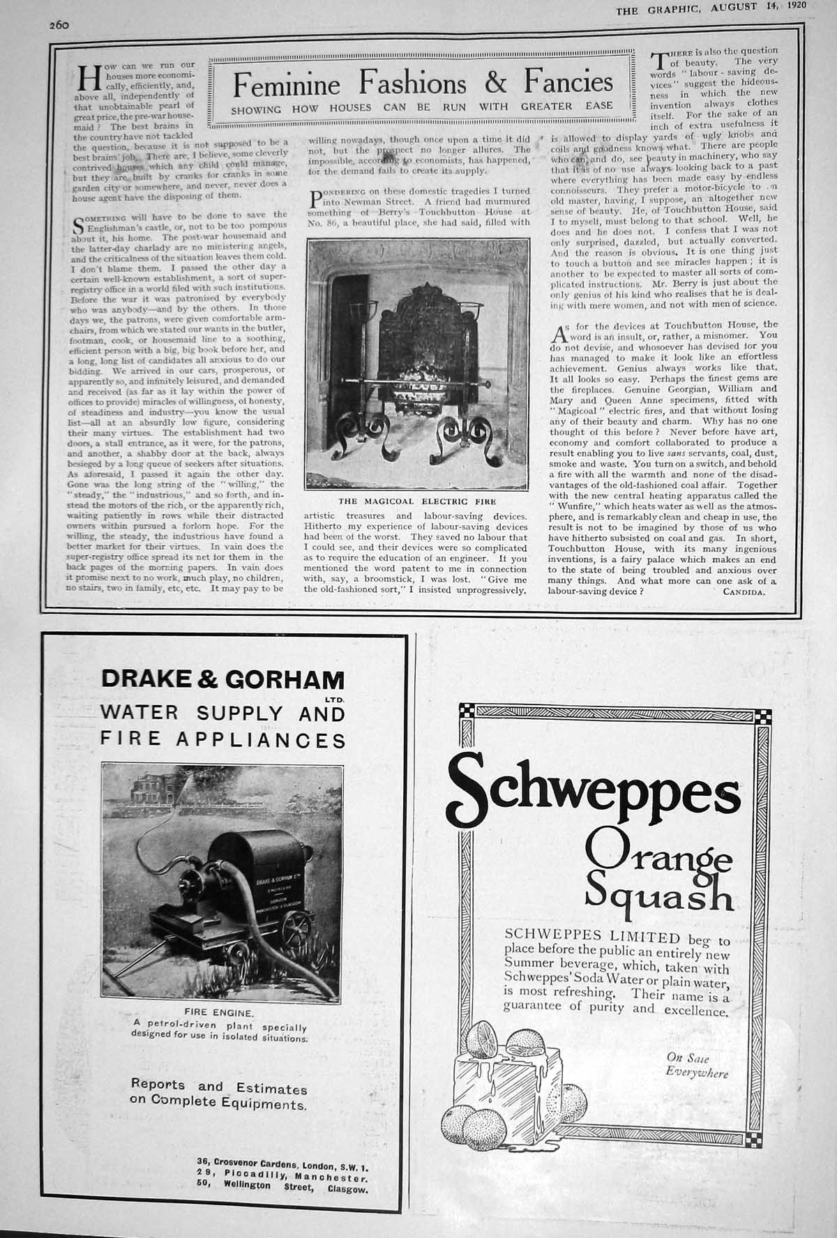 Old 1920 Magicoal Electric Fire Schweppes Orange Squash Drake Gorham 20th
