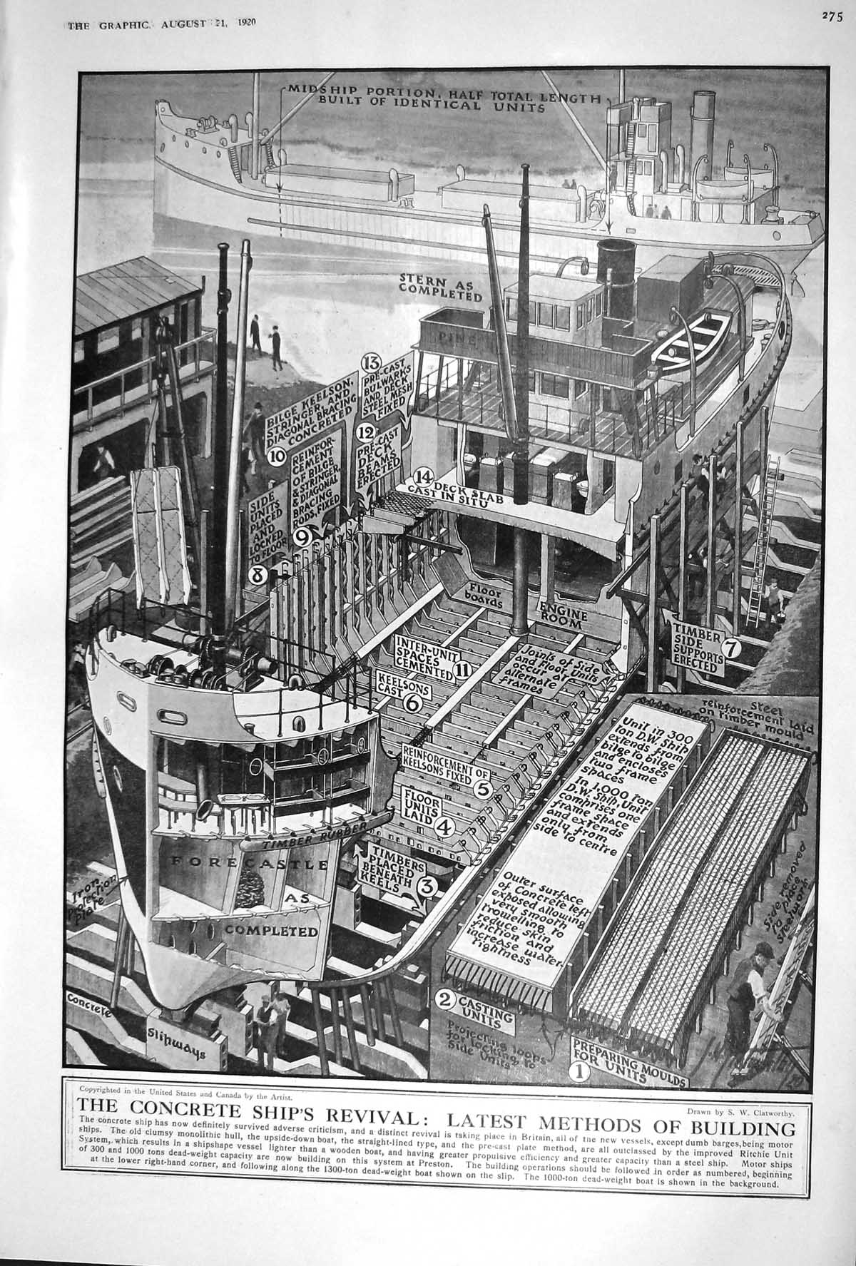 Original Old Vintage Print 1920 Concrete Ship Britain Monolithic Hull Preston