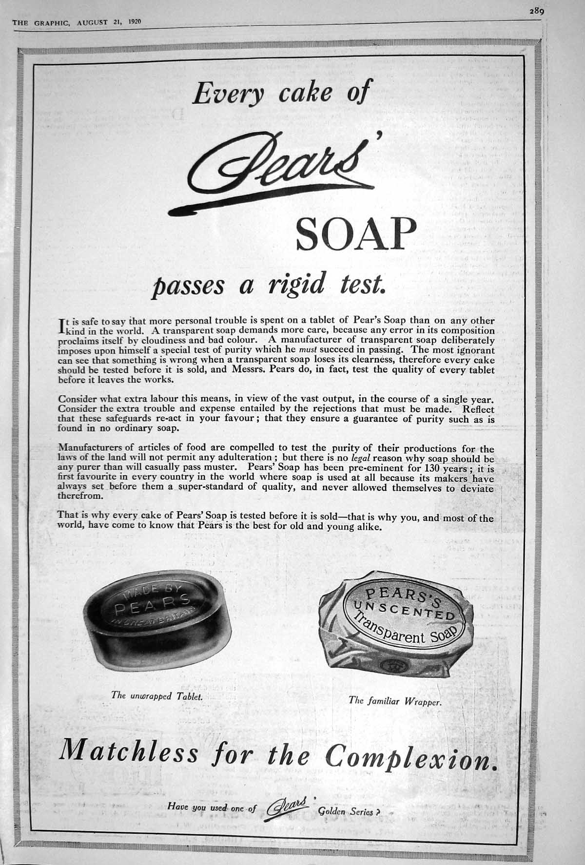 Old 1920 Advertisement Pears Soap Unscented Transparent Great Britain 20th