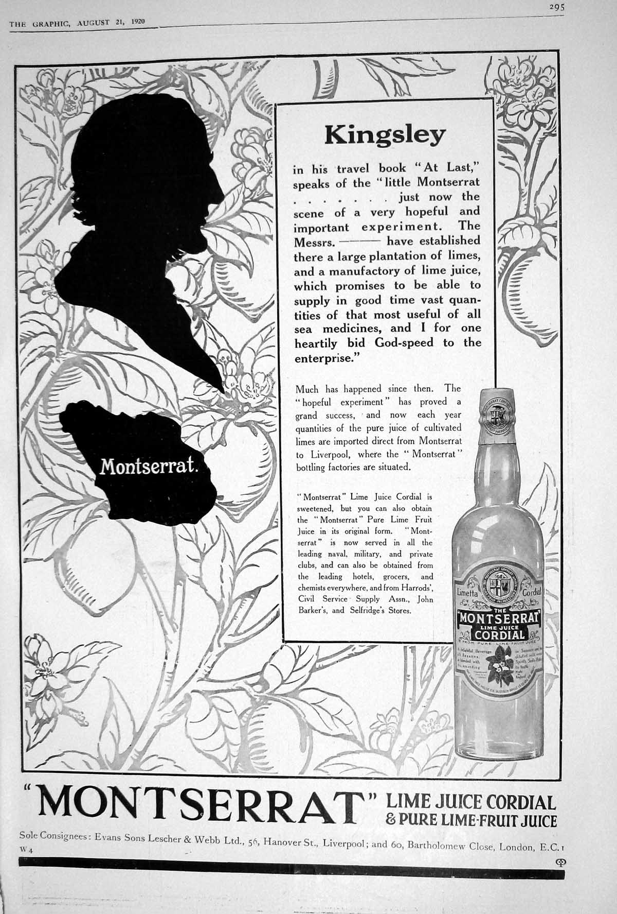 Old 1920 Advertisement Kingsley Montserrat Lime Juice Cordial Liverpo 20th