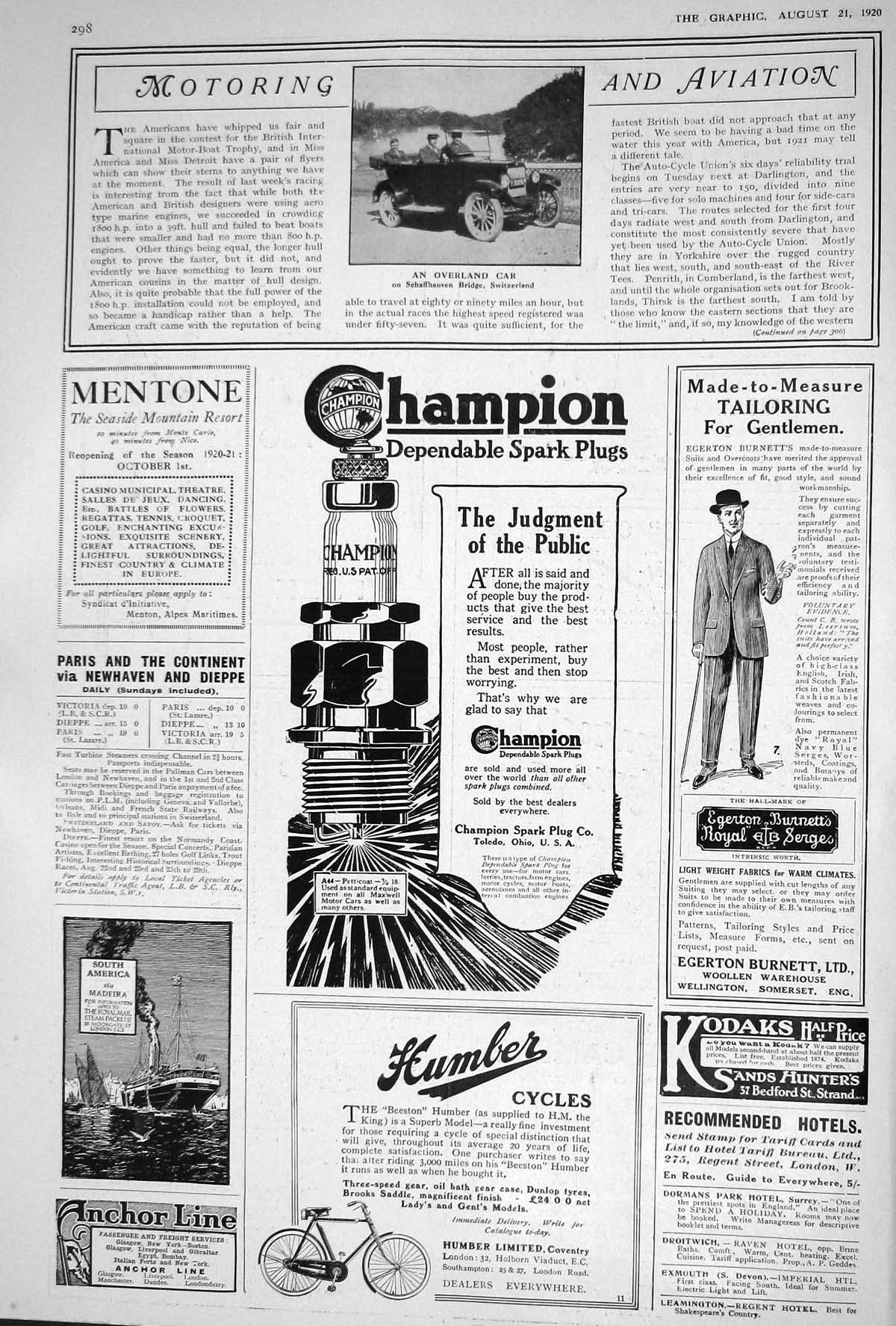 Old 1920 Overland Motor Car Champion Spark Plugs Humber Cycles Tobacc 20th