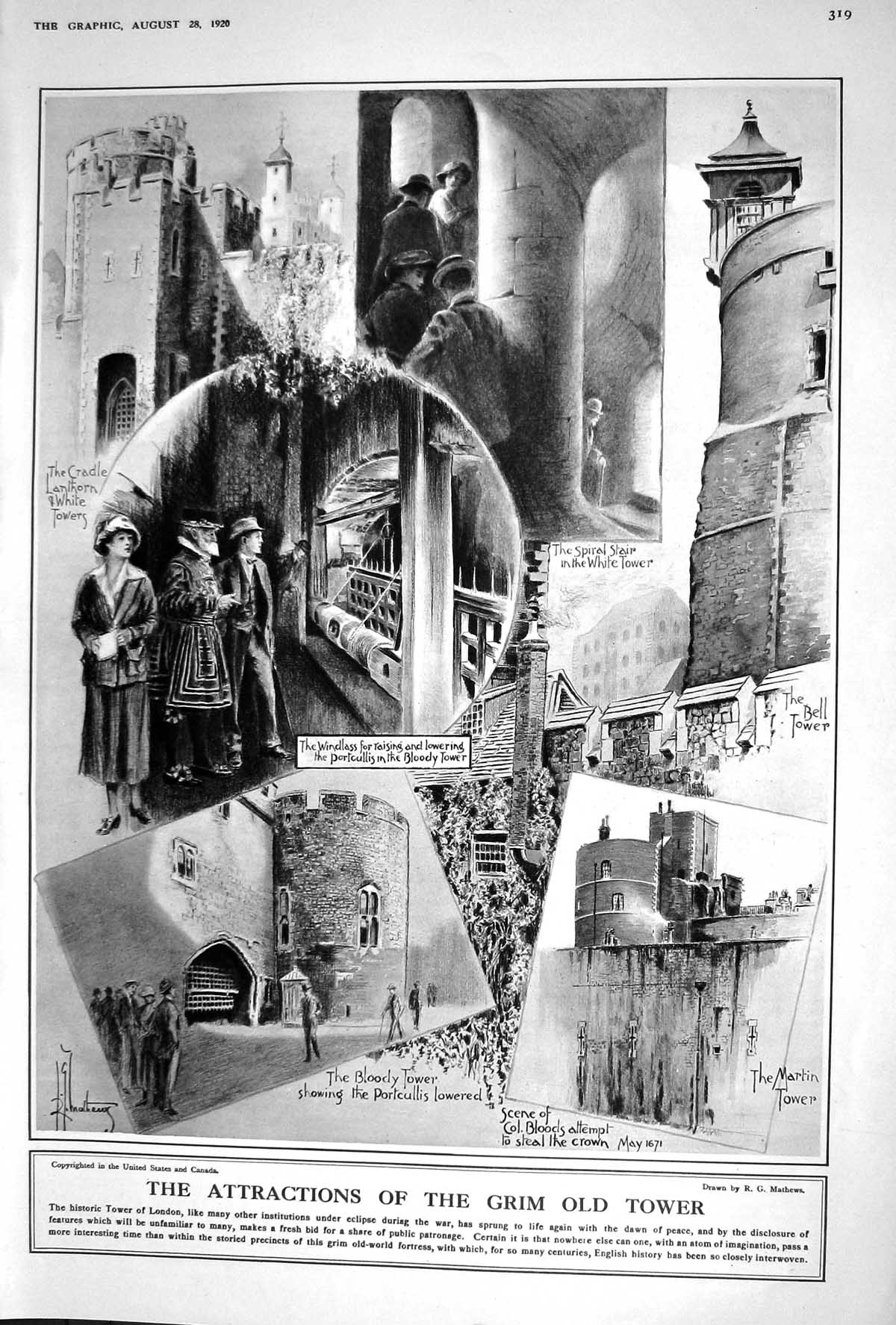 Old 1920 Historic Tower London Spiral Stair White Bloody Portcullis M 20th