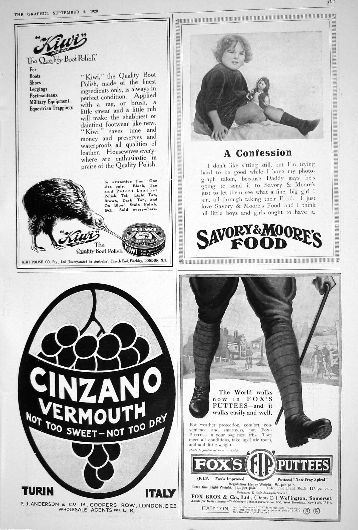 Old 1920 Kiwi Boot Polish Savory Moores Food Fox'S Puttees Cinzano Ve 20th