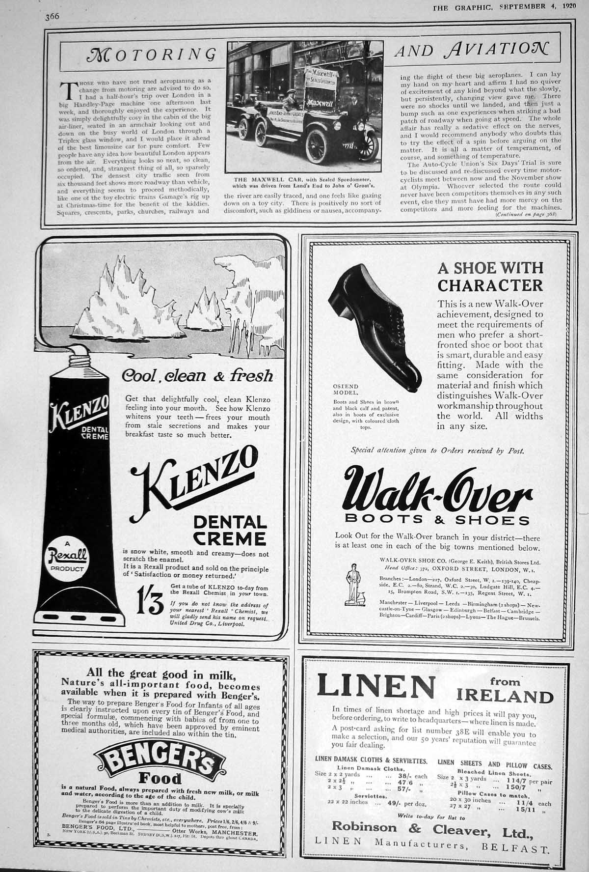 Old 1920 Maxwell Motor Car Klenzo Dental Cream Bengers Food Hindes Ha 20th