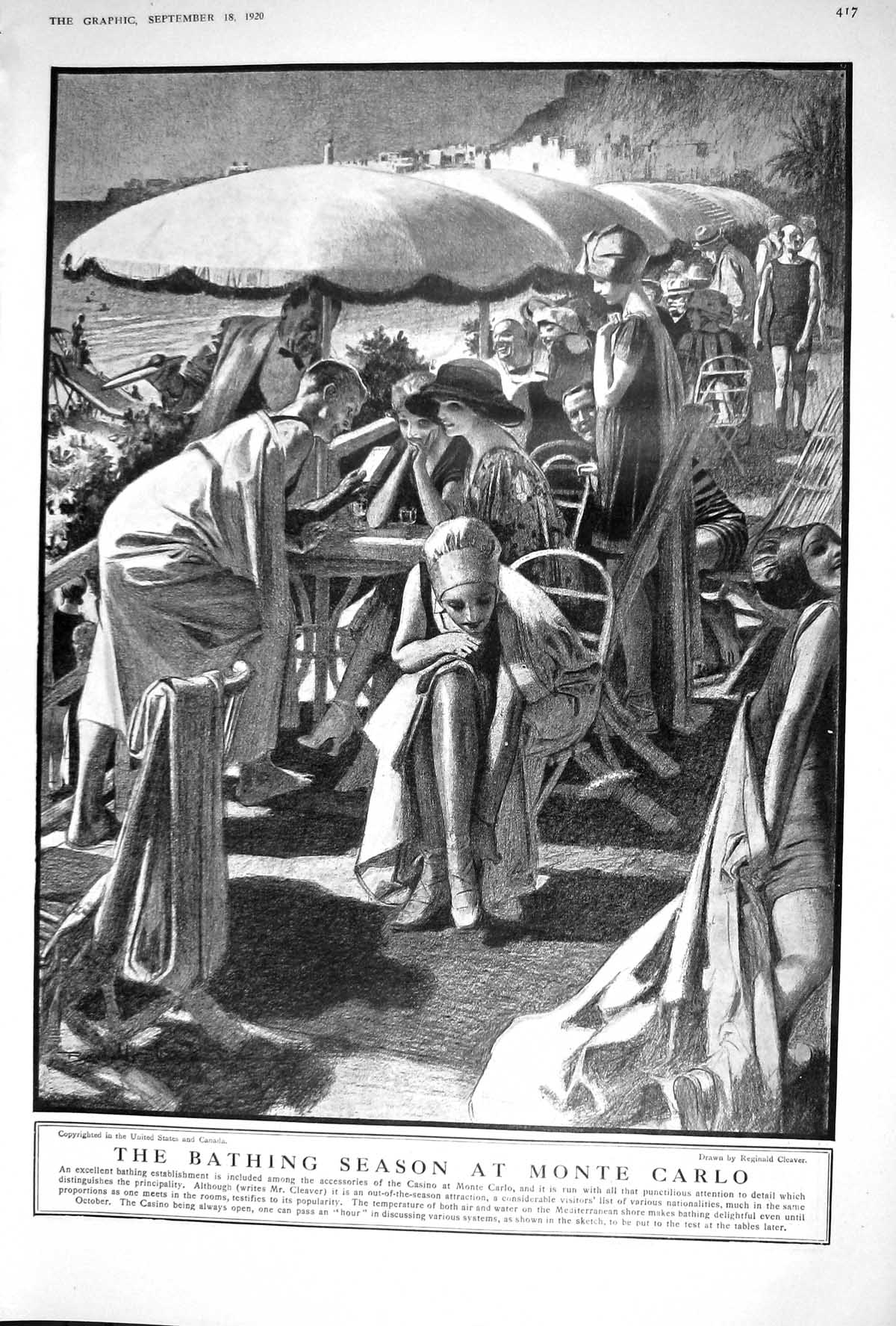 Old Print 1920 Bathing Season Monte Carlo France Black Watch Cologne Sie 20th