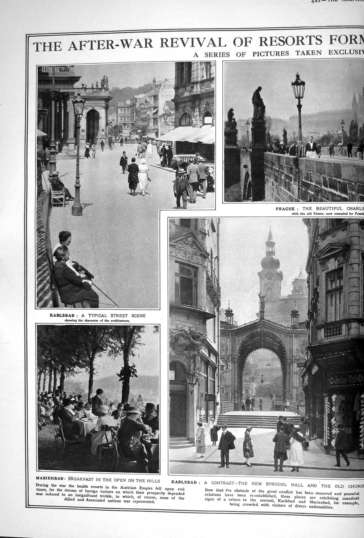 Old Print 1920 Austria Karlsbad Marienbad Prague Sprudel Church Mau Char 20th