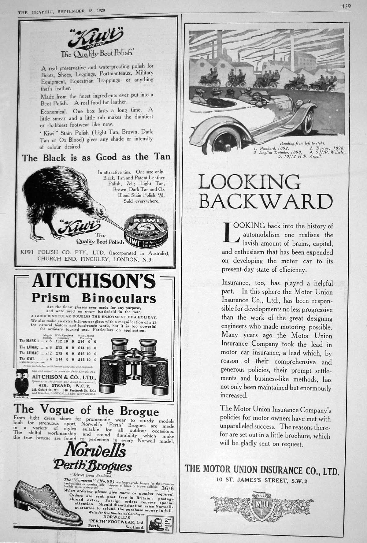 Old 1920 Motor Union Insurance Aitchisons Binoculars Kiwi Boot Polish 20th