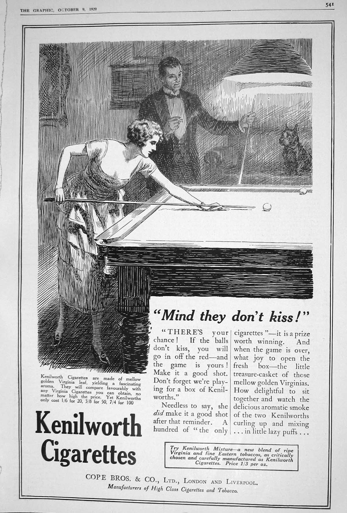 Old 1920 Advertisement Kenilworth Cigarettes Cope Bros London Liverpo 20th