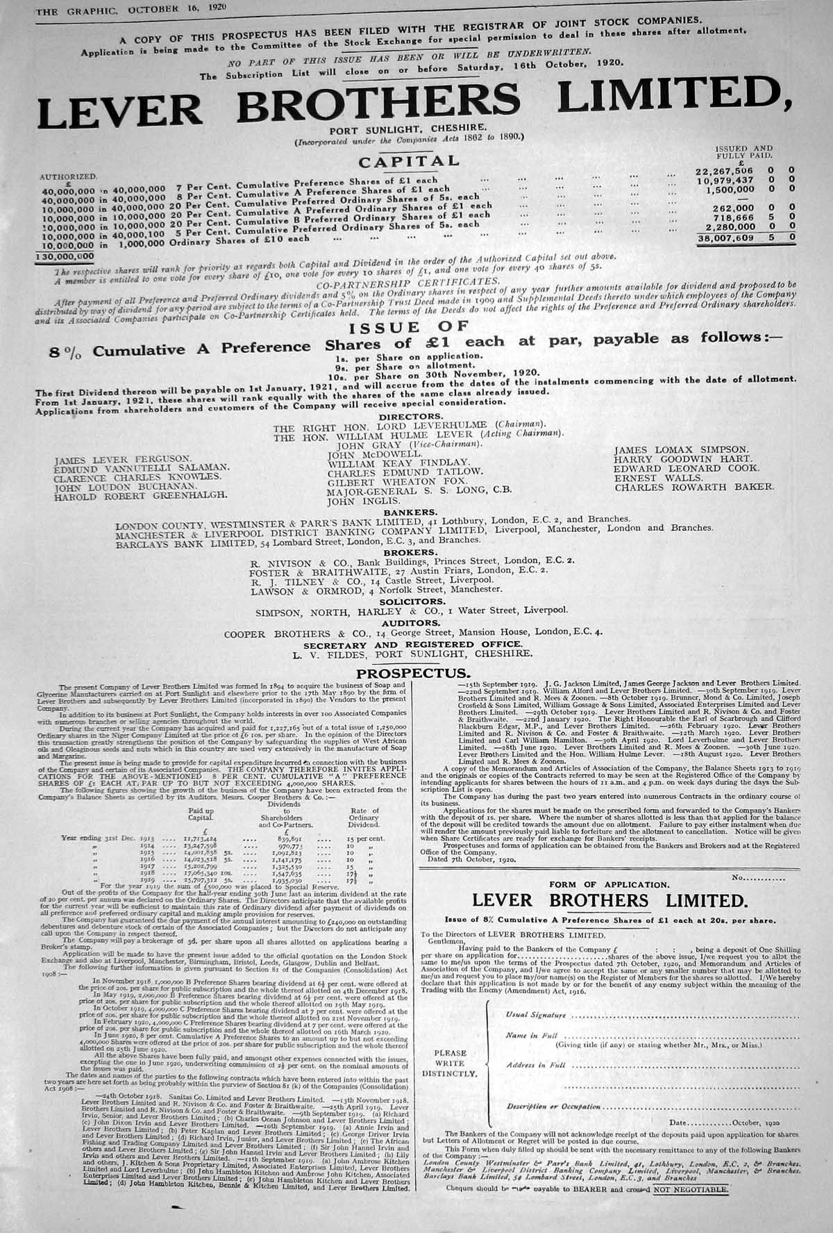 Old 1920 Advertisement Lever Brothers Limited Port Sunlight Mancheste 20th
