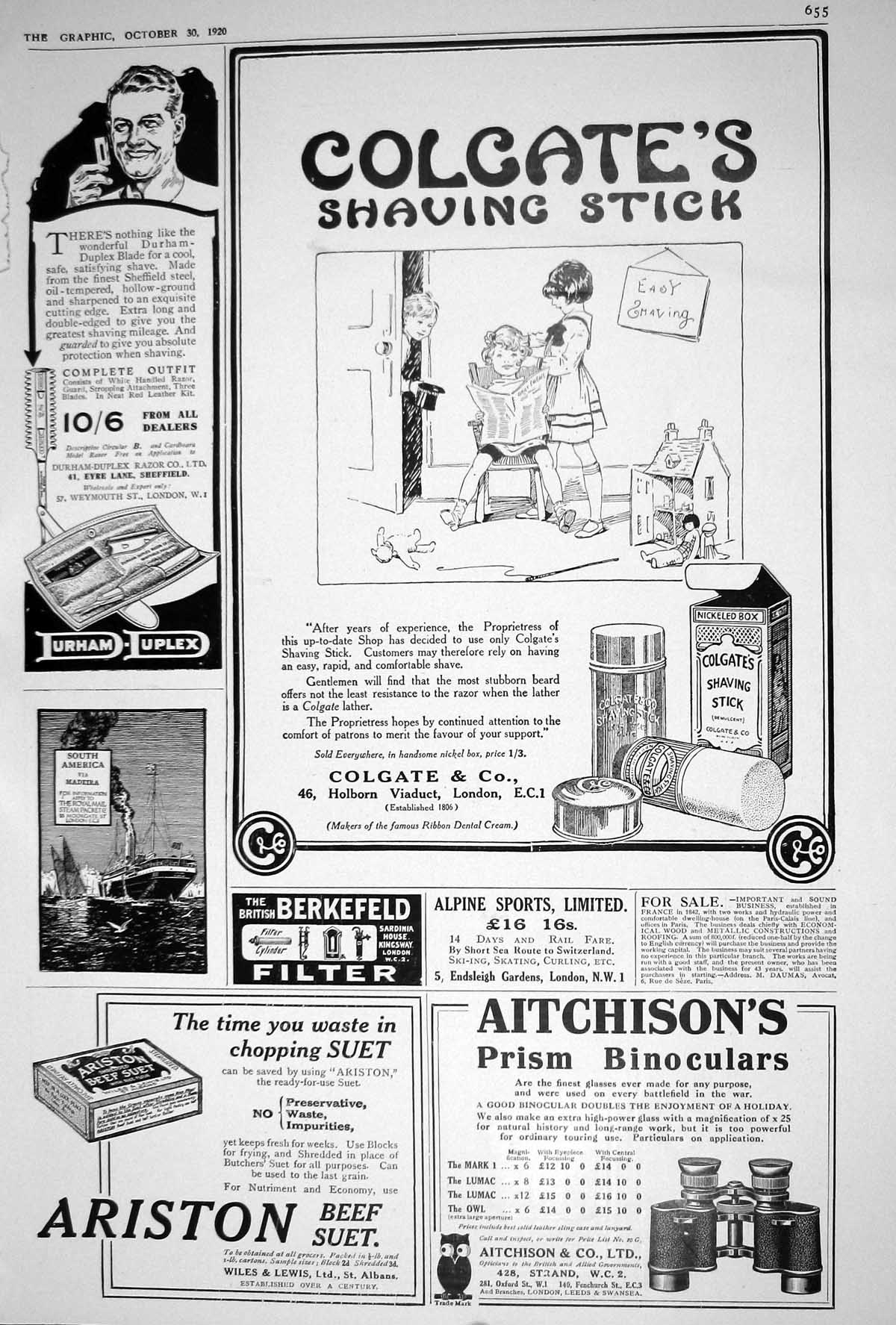 Old 1920 Advertisement Colgate Shaving Stick Ariston Beef Suet Binocu 20th